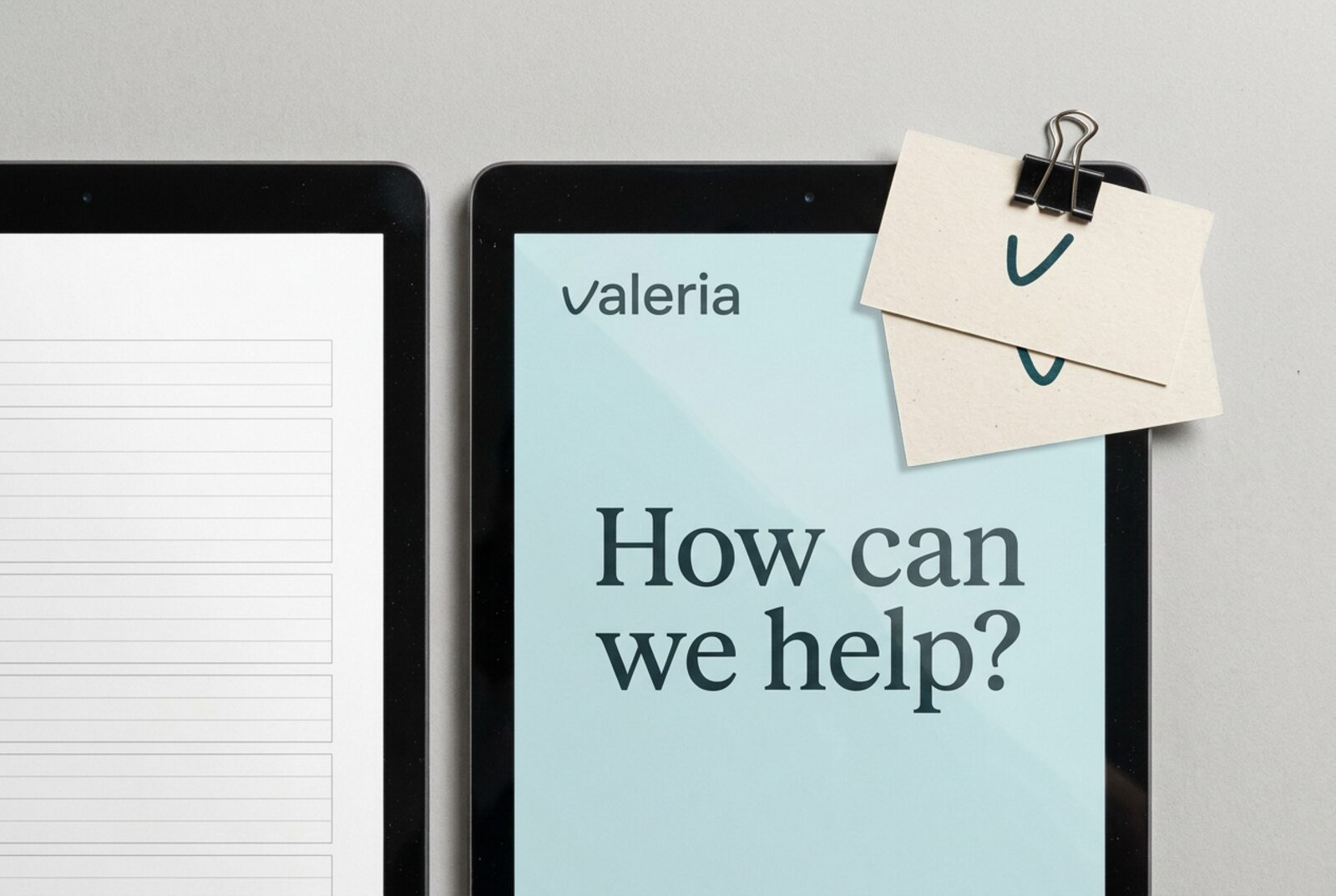 A tablet showing the VALERIA form beside a blank paper form, with two cards carrying the thread mark