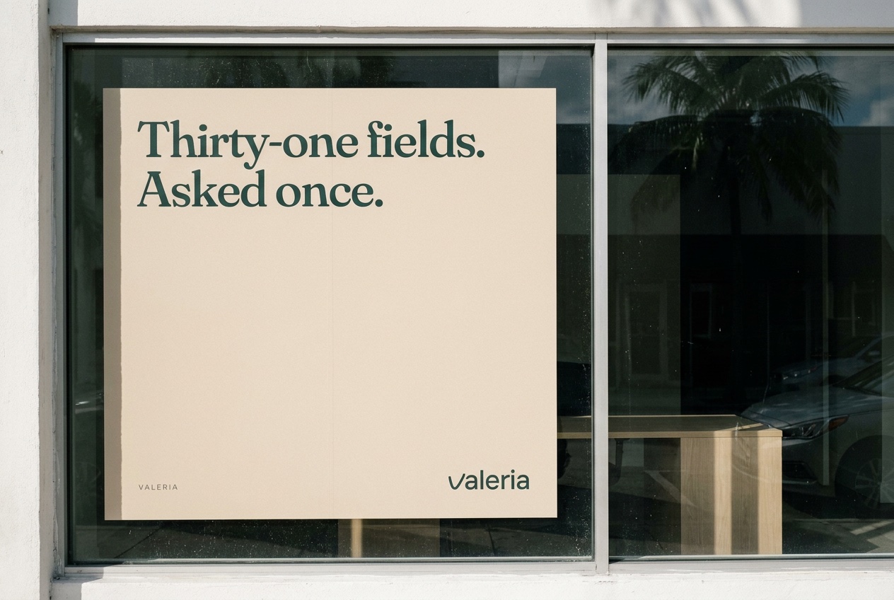 A VALERIA poster in a Miami shop window reading Thirty-one fields, asked once